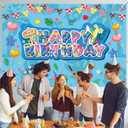 Happy Birthday Backdrop, 5x3ft Tropical Hawaiian Cartoon Theme Party Banner Blue and Pink Birthday Decorations Wall Decor for Kids Boys Girls Baby Shower Shower Summer Beach Party Supplies
