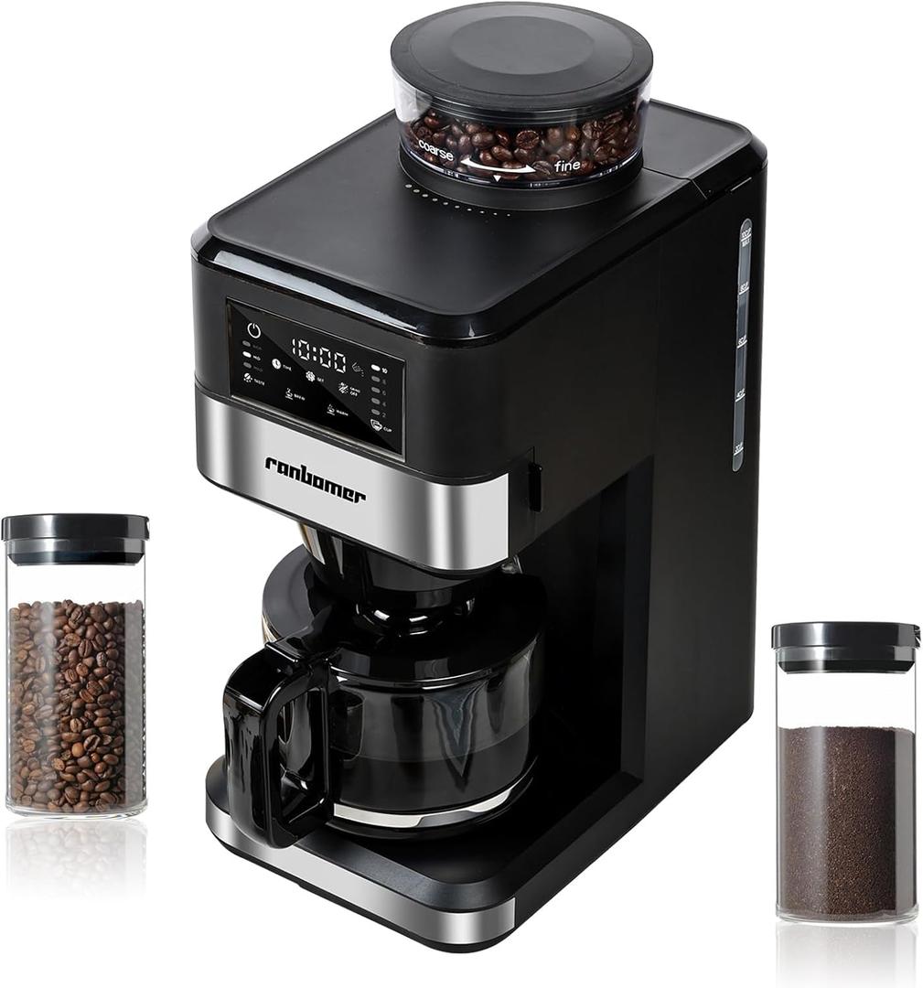 Ranbomer Coffee Maker with Grinder Built In, 10-Cup Grind and Brew Coffee Machine, Programmable with Brew Strength, Permanent Filter, Glass Carafe, 50oz Water Reservoir, Ideal for Home/Office, Black Ranbomer Coffee Maker with Grinder Built In, 10-Cup Grind and Brew Coffee Machine, Programmable with Brew Strength, Permanent Filter, Glass Carafe, 50oz Water Reservoir, Ideal for Home/Office, Black