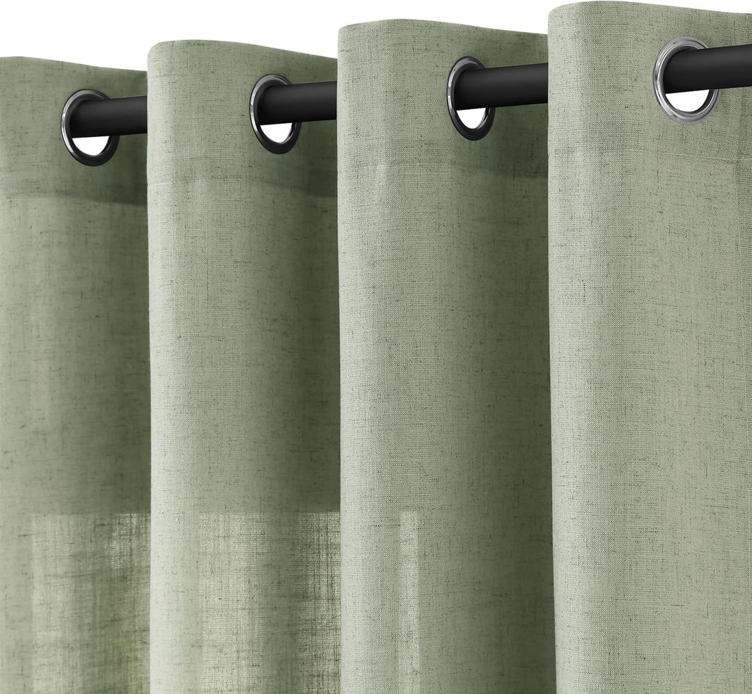 Jowels Light Sage Green Linen Curtains 108 Inch Length 2 Panels for Living Room Bedroom, Light Filtering Sheer Curtains 108 Inches, Modern Farmhouse Grommet Semi Sheer Soft Privacy Drapes