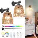 Boho Battery Operated Wall Sconces, Rattan Wall Sconce Set of 2 with Remote, RGB 15 Colors Dimmable Rechargeable Wall Light, Black Indoor Wireless Wall Lamp, Farmhouse Rattan Wall Lighting for Bedroom