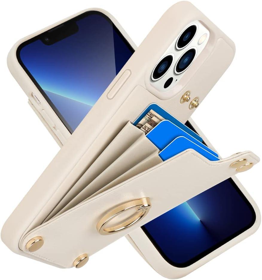 LAMEEKU Wallet Case with Card Holder for iPhone 13 Pro Max, 360Rotation Ring Stand, Leather Kickstand Card Slots Case,RFID Blocking Shockproof Cover for Women and Men for Apple 13 Pro Max 6.7'' Beige