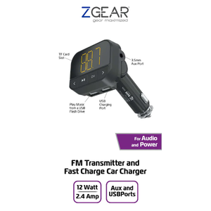 FM Transmitter fast Charge Car charger 12 Watt 2.4 amp AUX and USB ports for Audio and Power FM Transmitter fast Charge Car charger 12 Watt 2.4 amp AUX and USB ports for Audio and Power