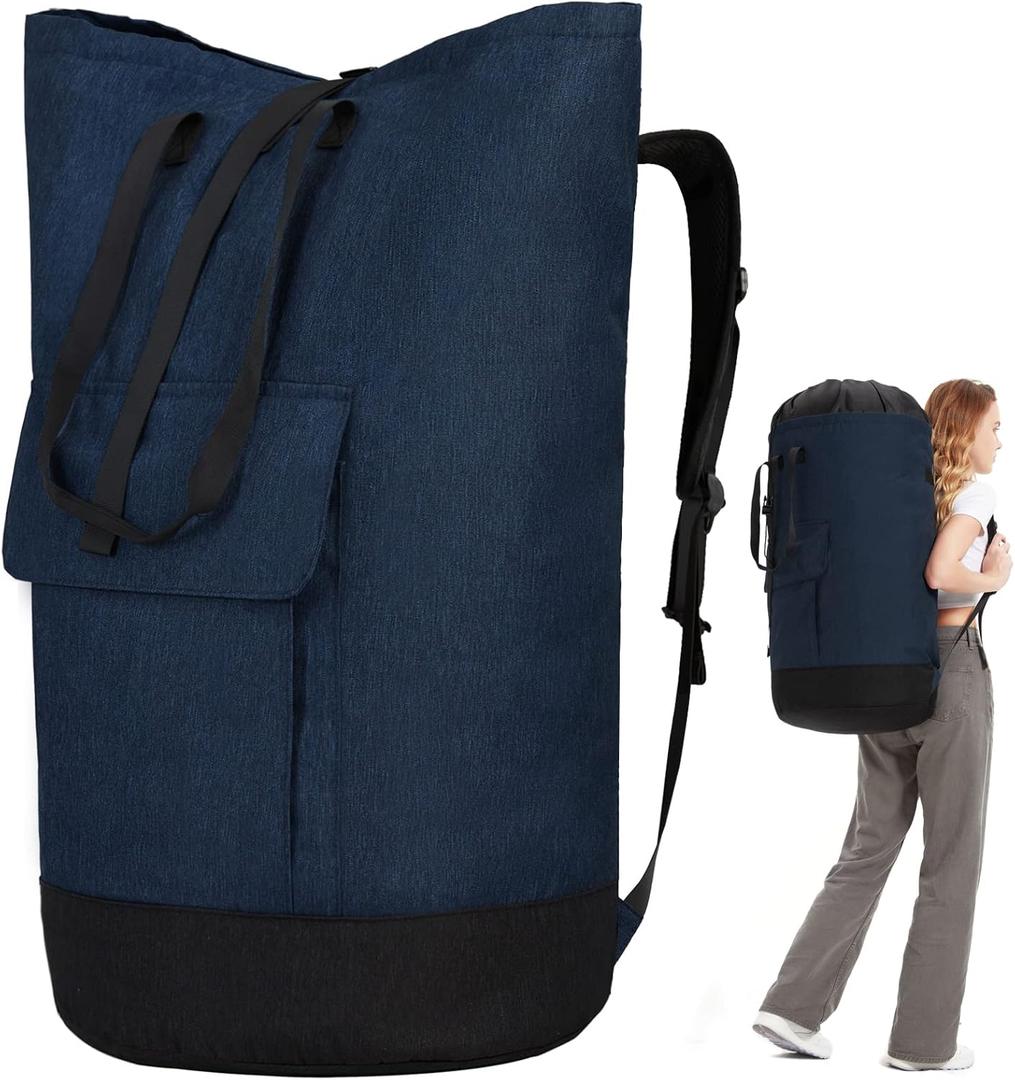 Laundry Bag Backpack Extra Large, Heavy Duty Laundry Bag With Straps, College Dorm Room Essentials, Dirty Clothes Bag for Travel, Beach, Camping, Apartment and Laundromat (navy)