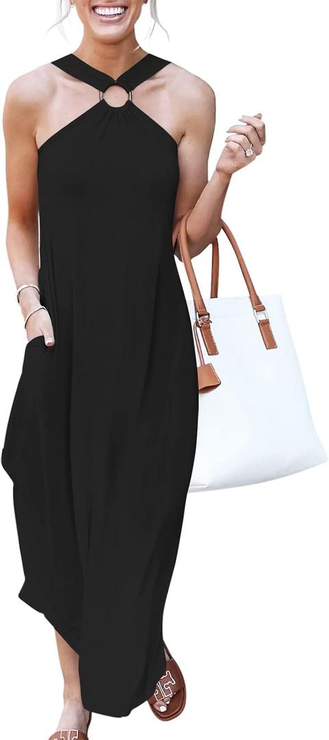 ANRABESS Women Summer Halter Neck Sundress Sleeveless Split Side Casual Beach Travel Vacation Maxi Long Dress with Pockets (Small, Black)