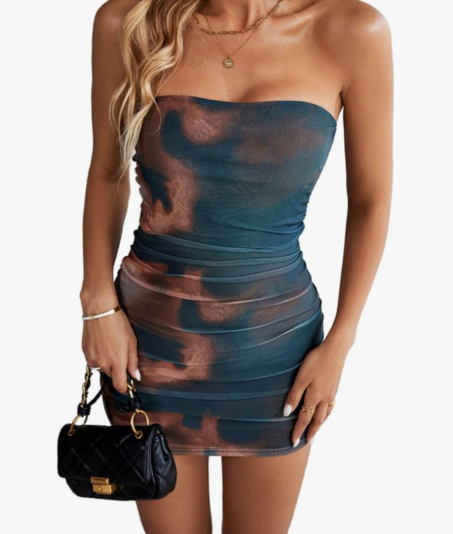 Women's Strapless Ruched Mini Dress, Lined Print Mesh Sexy Short Bodycon Party Club Tube Dresses, Size Large