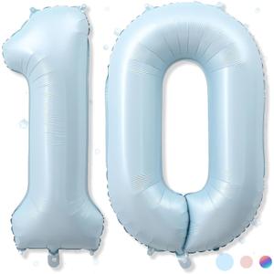 40 Inch 10 Balloon Number, Large Pastel Matte Baby Blue Foil Number 10 Balloons Birthday Party Decor, Light Powder Blue Helium Mylar Self Inflating Balloon for Boy 10th Birthday Anniversary Decoration