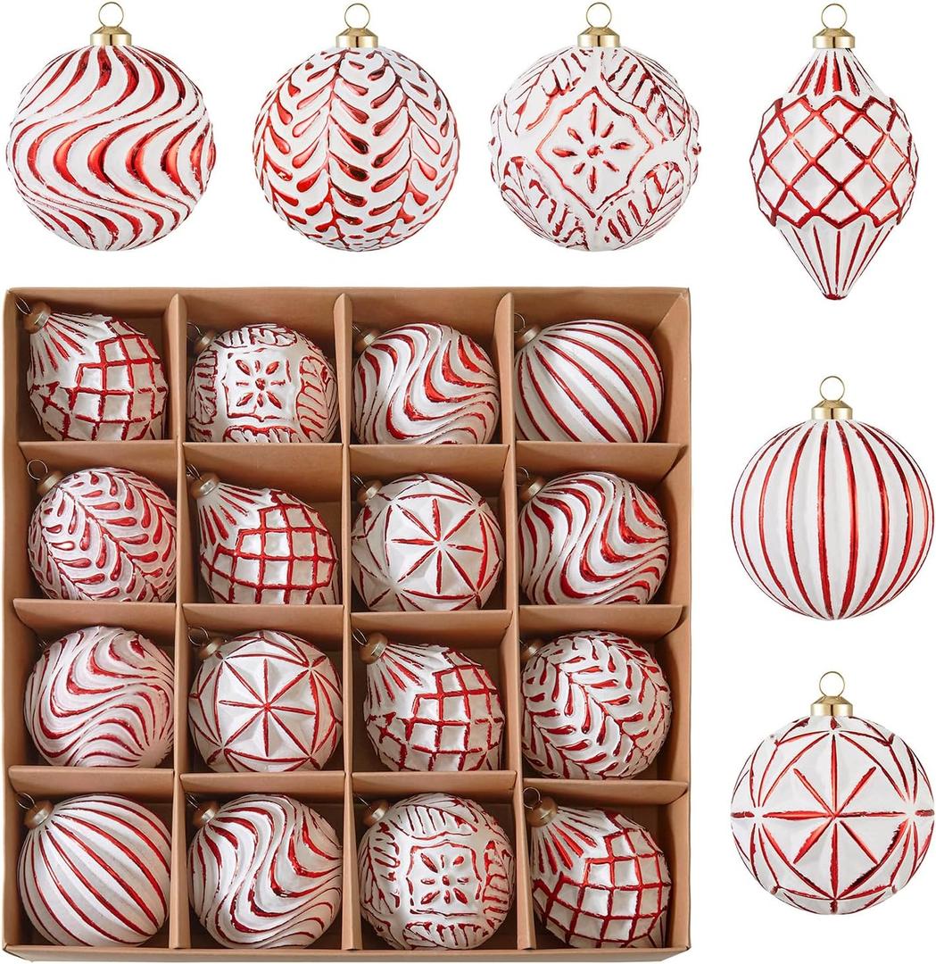 16Pcs Vintage Rustic Christmas Ball Ornaments - Large Shatterproof Neutral Christmas Ornaments Set Farmhouse Christmas Decor for Xmas Tree Home Party Holiday (Red)