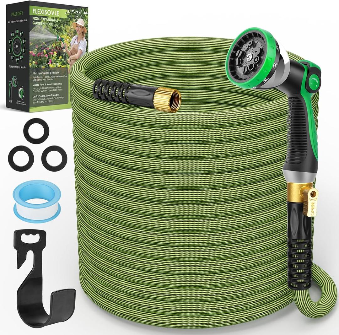 Non-Expandable Garden Hose 150 ft, Ultra Lightweight Flexible Water Hose with 10-Pattern Nozzle, Leak-Proof, High-Density Fabric, Thickened Connector, Shut-Off Valve for Yard, Lawn, Outdoor