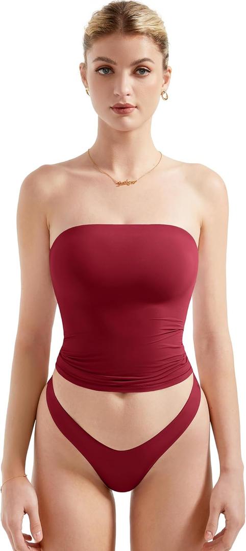 SUUKSESS Women Sexy Tube Top Summer Y2K Going Out Double Lined Basic Tank Top (Large, Wine Red)