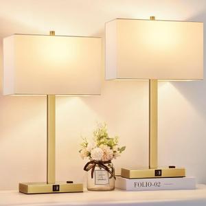 21" Only 1 Pack Touch Control Table Lamps with 2 USB & AC Outlets, 3-Way Dimmable Modern Nightstand Lamps for Bedroom Living Room Office Reading, White Shade Bedside Lamps, 2700K LED Bulbs Included