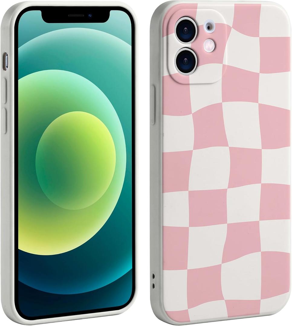 Checkered Phone Case for iPhone 12 Case for Girls Women Soft Slim Shockproof Cute Print Design Cases Compatible with iPhone 12 -Pink