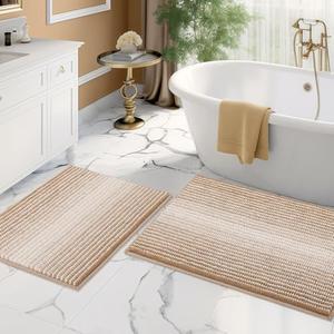 BSICPRO Bathroom Rugs and Mats Sets, 2 Piece Thick Absorbent Chenille Bath Mat Rug Set Non Slip, Soft Shaggy Bath Room Floor Mats for Bathroom, Machine Washable (20" x 32" Plus 16" x 24", Beige)