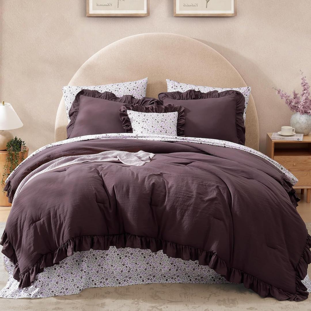 King Comforter Set - 7 Pieces Ruffle Purple Bedding Sets, Shabby Chic Farmhouse Bed in a Bag King with Ruffle Comforter, Floral Sheets, Pillowcases & Shams