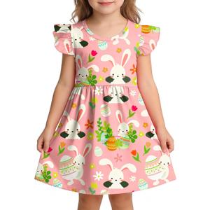 PICKID Easter Toddler Girls Dress Bunny Eggs Graphic Dresses Easter Day Outfit for Kids 3-6 Years (Size 130,Pink)