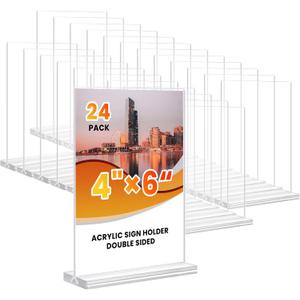 Acrylic Sign Holder 4x6, 24 Pack Clear Table Menu Vertical Clear Table Double Sided Flyer Display, Plastic Flyer Display Stand,Paper photo Plastic Sign Frame Suitable for Restaurants Office Store Show