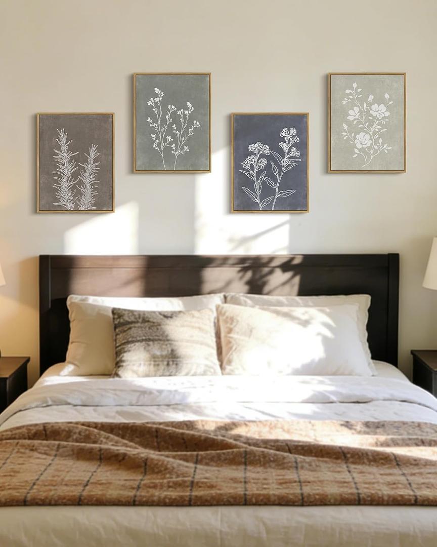 Drsoum Framed Boho Wall Art Set of 4 Wooded Vintage Botanical Prints Retro Plants Rustic Antique for Bathroom Farmhouse Kitchen Home Decor Ready to Hang 11x14inx4pcs (Natural Framed)
