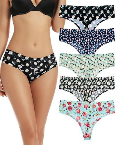 voenxe Seamless Women Underwear Thongs,High Waisted No Show Ladies Panties,Breathable Comfortable Hi Rise Cut Undies,5-Pack, L 