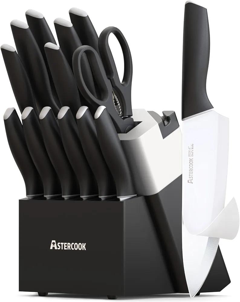 Astercook Knife Set, Kitchen Knives with Block and Sharpener Ceramic Coating 15 Pcs German Stainless Steel Knives Sharp Blade Dishwasher Safe Deba Knives with Ergonomic Handle, Elegant Black