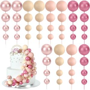 48 Pcs Balls Cake Topper Decorations Balloon Cupcake Toppers Foam Cake Topper Balls for Birthday Party Wedding Cake Deco(Glitter Pink, Rose Gold, Light Brown, Apricot)