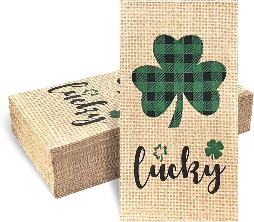 120 Pcs Burlap Printed Irish Shamrock Disposable Bathroom Napkins, St Patricks Day Clover Lucky Guest Towels Hand Towels Paper Guest Napkins for Bathroom Kitchen Camping Cocktail Party 4.3 x 7.8 inch