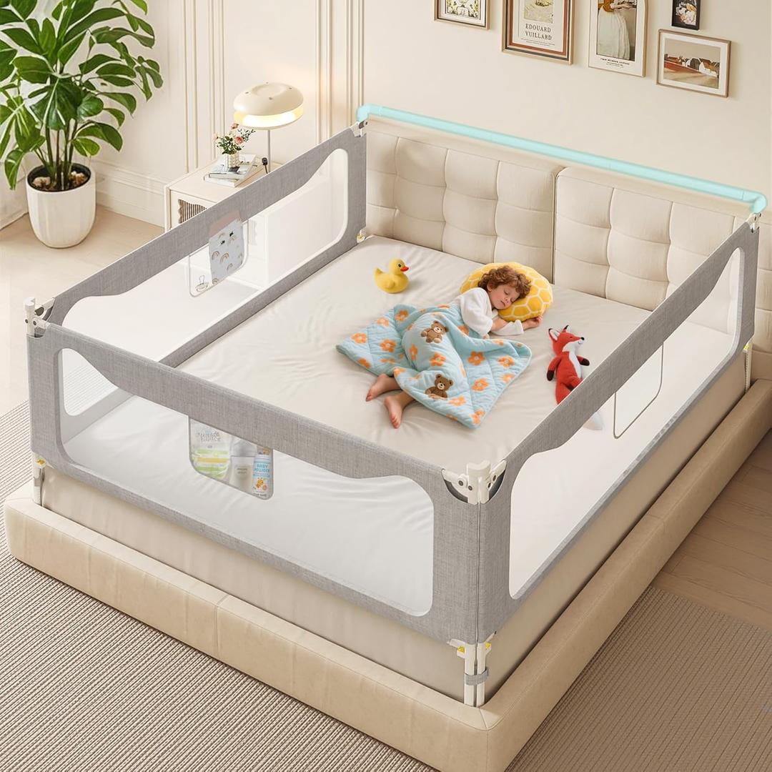 King Size Bed Rail for Toddlers: (3 Pack) 3-Side Protection Bedrail with Headboard Rod - Extra Tall Adjustable Child Safety Side Railing Guards Gate with Safety Locks for Infants (78.7x78.7x74.8) (Grey)