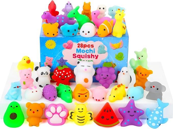 Squishy Toys, 28 Pack Kawaii Squishies and Cards, Gifts for Easter Egg Fillers Basket Stuffers, Party Favors for Kids 48 812, Treasure Box Classroom Prizes Mochi Squishy Cat Fidget Toys