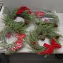 4 Pcs Small Christmas Norfolk Wreaths 15 Inch Christmas Kitchen Cabinet Mini Wreath Real Touch with Bow Ribbon Cedar Red Berry for Xmas Front Door Window Chair Fireplace Table Pillar Farmhouse Decor