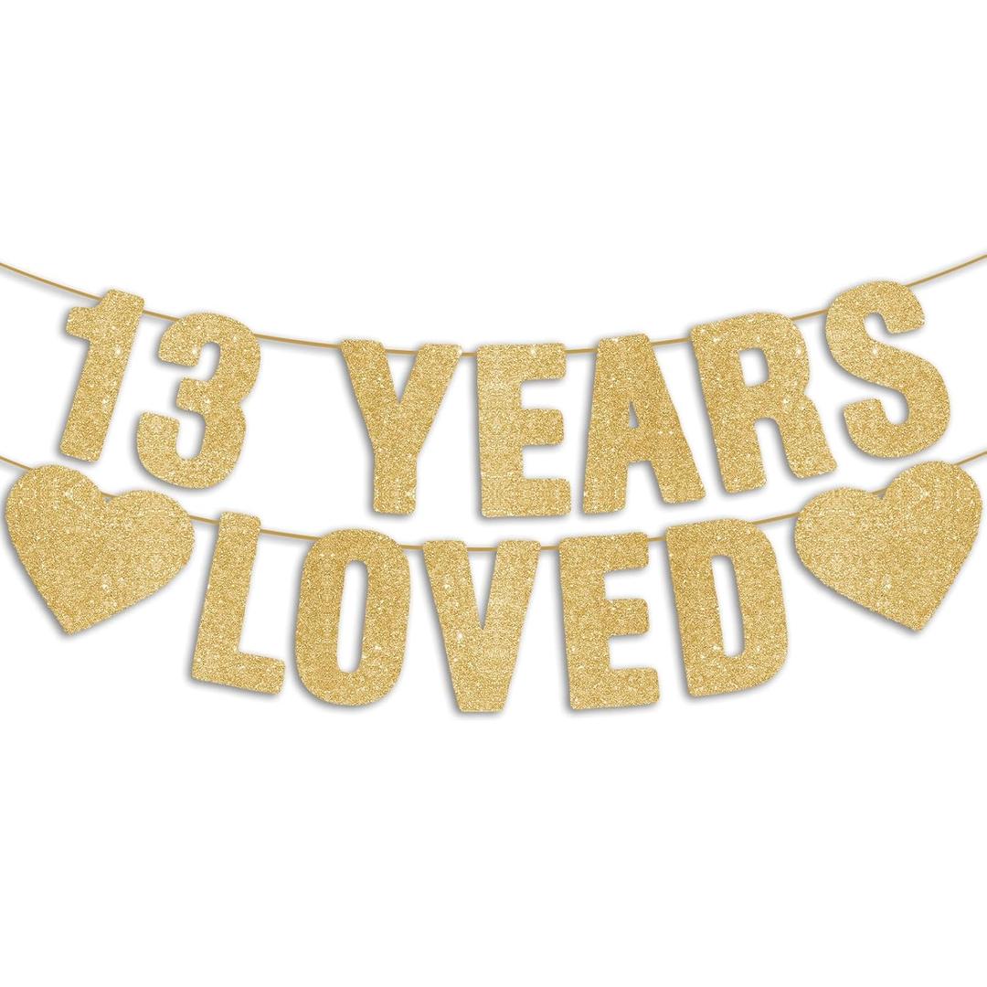 Pre-Strung 13 YEARS LOVED Gold Glitter Banner, Happy 13th Birthday Decorations for Girls, 13 Year Old Party Anniversary Decor Sign for Boys Pack of 3