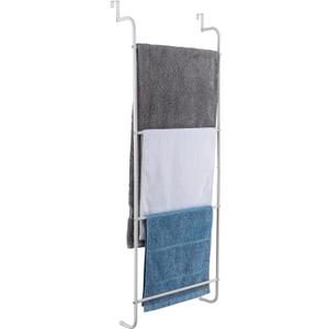 MyGift 4 Tier Over The Door Towel Rack, Bathroom Towel Holder Ladder, Space Saving Over Shower Door Drying Rack for Towels & Blankets, White Metal