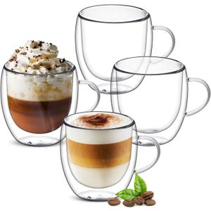 8oz Double Walled Glass Coffee Mugs with Handle, Clear Cappuccino Glass Mug Set of 4, Insulated Layer Coffee Cups, Clear Borosilicate Glass Mugs, Glasses Espresso Mugs for Coffee