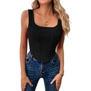 OYOANGLE Women's Square Neck Sleeveless Asymmetrical Hem Ribbed Knit Tank Top Summer Crop Tops Black, X-Large