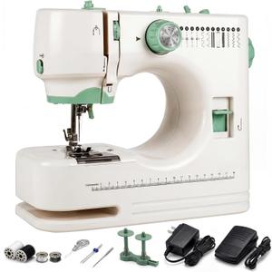 Portable Sewing Machine with Twin Needles & Double Thread, 16 Built-In Stitches, Reverse & Buttonhole, Foot Pedal, LED Light, Thread Cutter, for Beginners & Home Sewing Projects, Accessories Kit