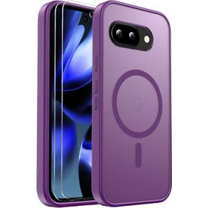 for Google Pixel 9A Case Magnetic Shockproof, [Fit for MagSafe] [Glass Screen Protector] Translucent Anti-Fingerprint Case for Google Pixel 9A (Purple)