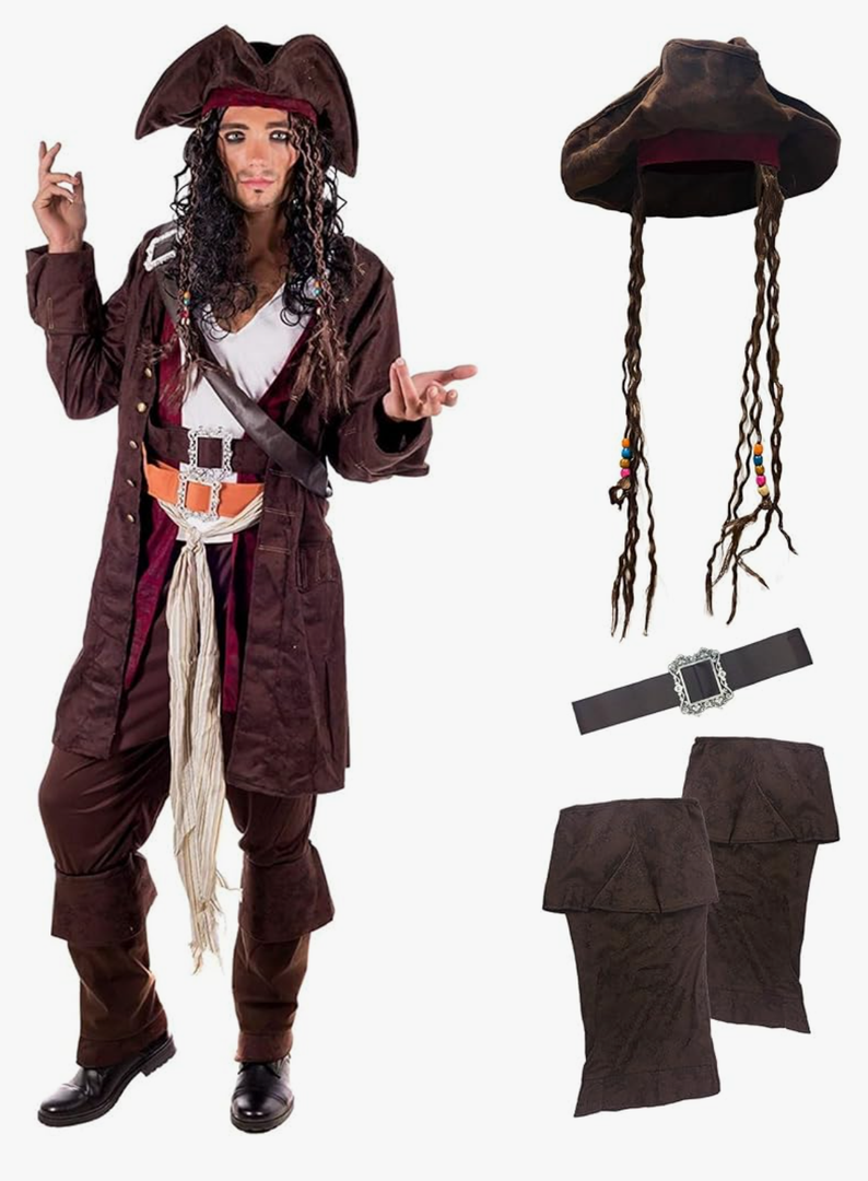 fun shack Pirate Smuggler Costume for Men - Deluxe Outfit with Hat, Wig, Belt & Boot Covers M 