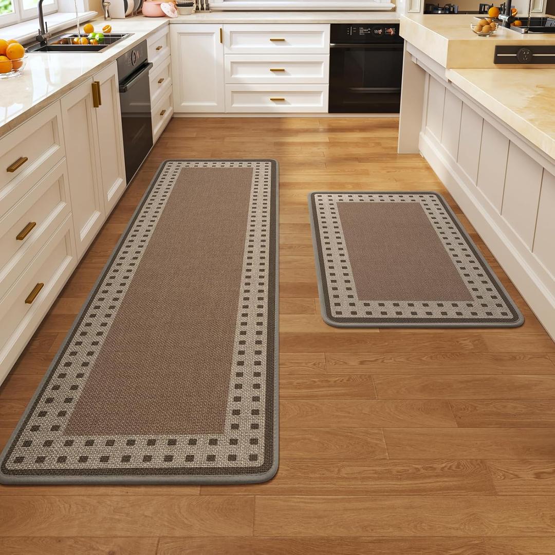 Kitchen Mats for Floor, 17''x30''+17''x59''Kitchen Rugs Set of 2, Washable Absorbent Kitchen Mat Non Slip, Braided Kitchen Runner Rug, Kitchen Sink Rug, Brown