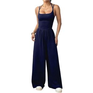 Floerns Women's Summer Jumpsuit Spaghetti Strap One Piece Outfit Wide Leg Baggy Pants Romper (Dark Blue, Small)