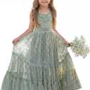 LalaMira Flower Girl Dress Lace Boho Toddler Dresses Ruffle Girl Dress for Wedding Garden Party Holiday Communion Sleeveless Sage Green-12 Years