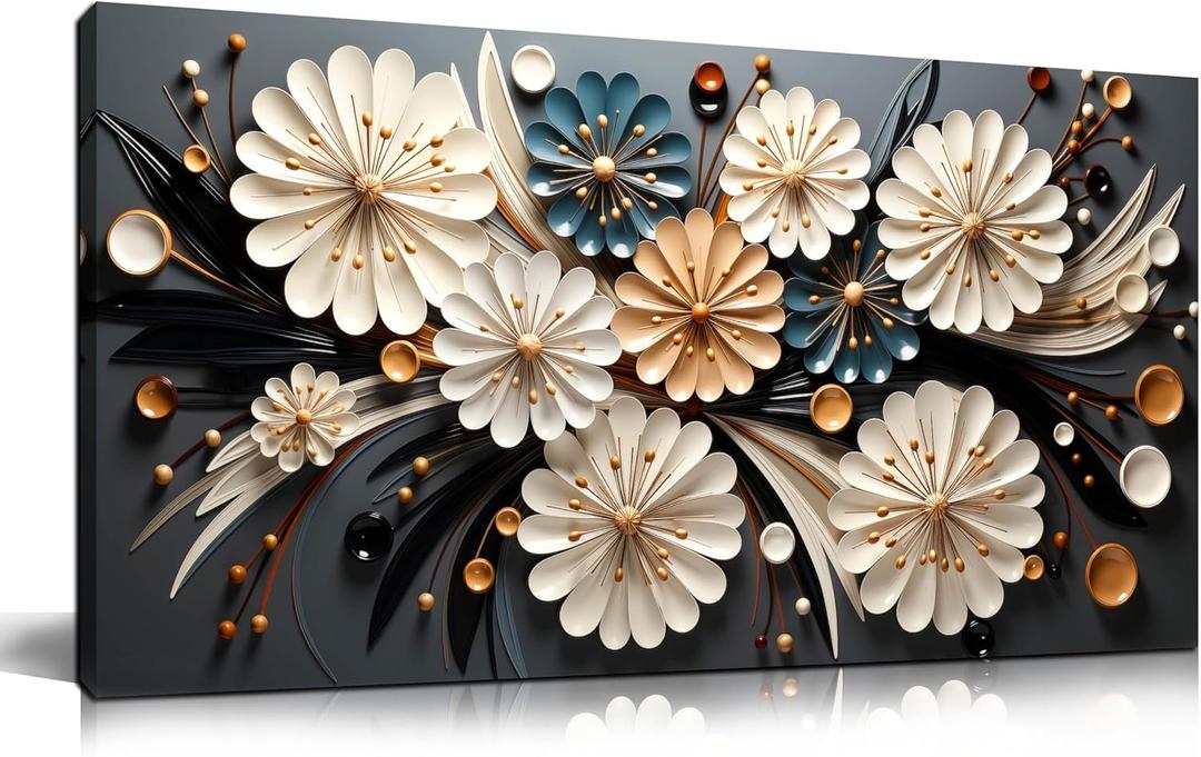 Large Wall Art for Living Room Bedroom Home Office Gold Flower Pictures Wall Art Modern Floral Artwork Framed Wall Decor Canvas Prints 20x40 In (black)