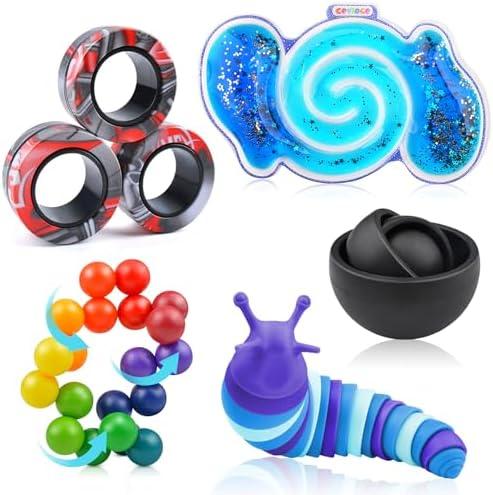 Cevioce 5Pcs Fidget Toys Adults Pack,Easter Basket Stuffers for Teens Boys Girls,Autism Sensory Toys with Fidget Spinner Slug Magnetic Rings,Squishy Fidget Toys ADHD Stress Relief