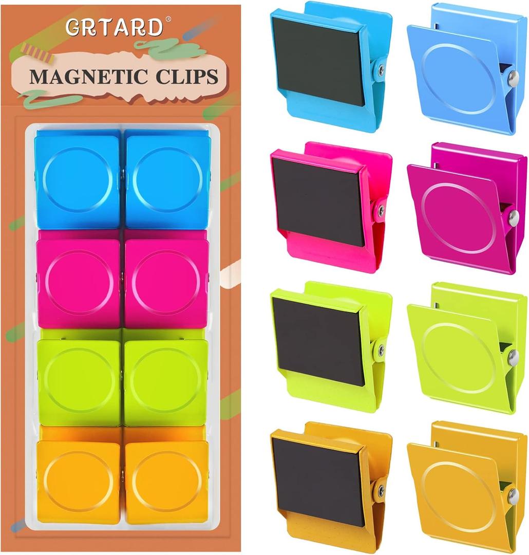Grtard 8 Pack Colorful Magnetic Clips, Strong Fridge Magnets Clips Heavy Duty, Metal Magnet Clips for Fridge, Clip Magnets, Magnetic Clips for Refrigerator, Locker, Whiteboard, Home, Office(1.2Inch)