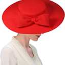 Wide Brim Hats for Women Big Bowknot Formal Occasion Kentucky Cap Lady Wedding Cocktail Party Flat Top Fedoras (Medium, Red)