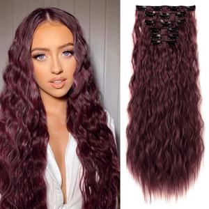 LONAI Clip In Hair Extensions, 6PCS Curly 24" Long Synthetic Clip On Hairpiece For Women-Burgunry