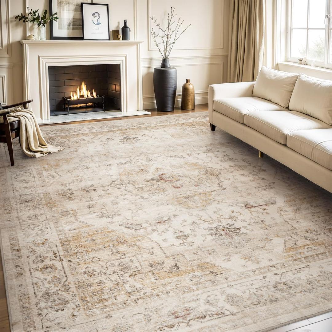 AMOAMI-Area Rug 8X10 Rugs for Living Room-Vintage Soft Beige Rugs for Bedroom-Non Slip Carpet-Washable Rug for Dining Room Living Room Bedroom Office Under Table (8FT X 10FT)