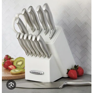 Farberware Self-Sharpening 13-Piece Knife Block Set with EdgeKeeper Technology, High Carbon-Stainless Steel Kitchen Knives, Razor-Sharp Knife Set with Wood Block, White 