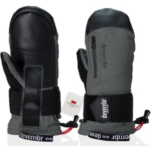 devembr Ski Mittens with Wrist Guards, Waterproof Snowboarding Mittens, Gray, S