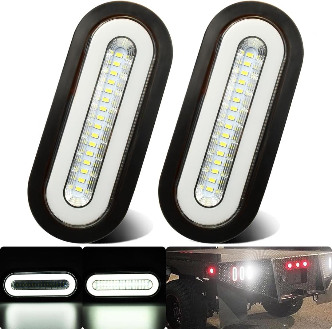 2Pcs 6" inch White 52 LEDs Oval LED Trailer Boat Halo Reverse Back Up Tail LightsPatented w/Rubber Grommet Sealed Waterproof IP67 for Truck/RV/Van, DC 12V