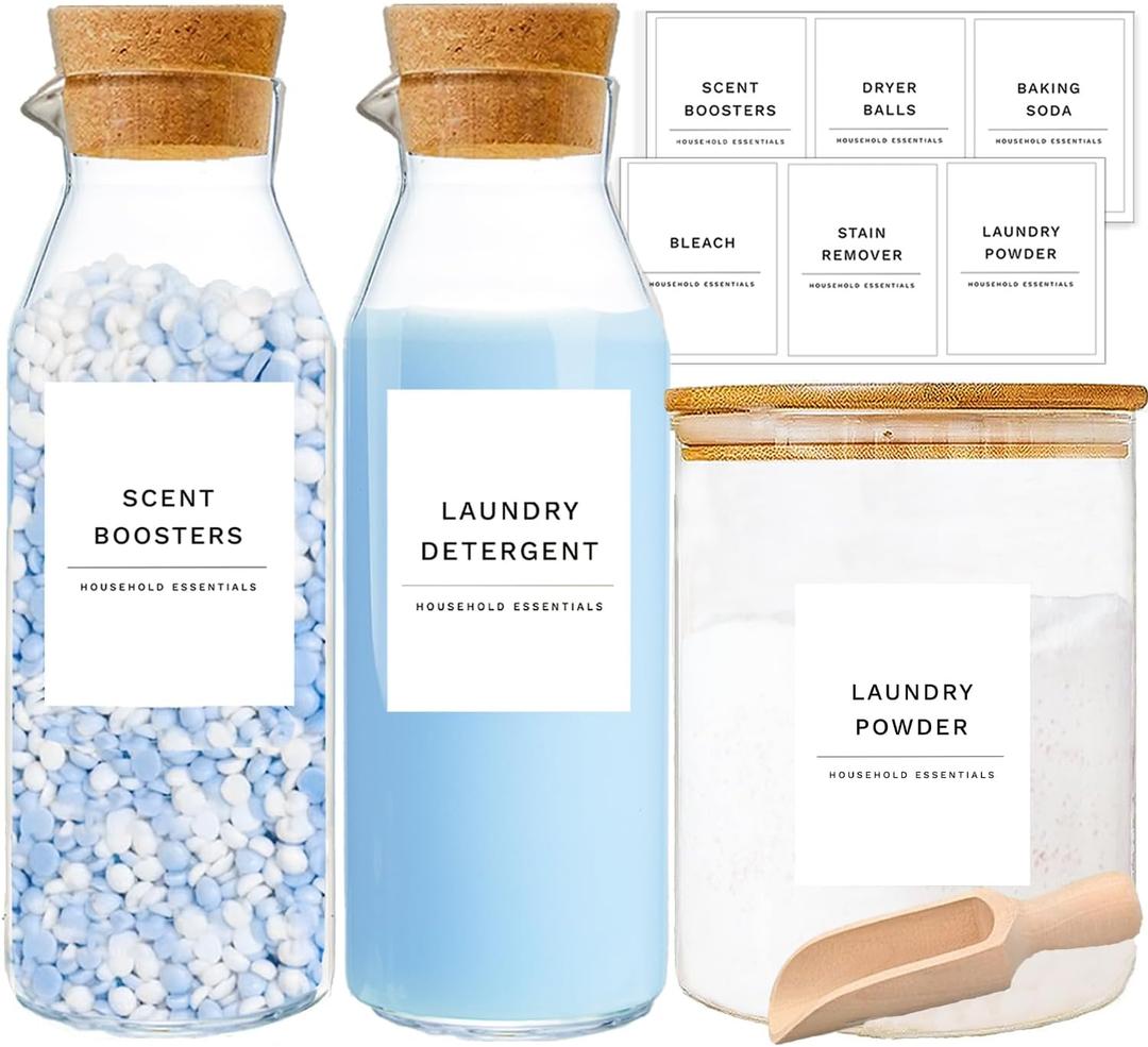 KOSKIMER Glass Laundry Detergent Dispenser Set, Liquid Detergent Containers, Scent Booster & Bleach Dispenser for Laundry Room (2 Bottles & Jar)
