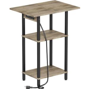 Tall End Table with Charging Station, Skinny Nightstand with USB Ports and Outlets, 3 Tier Narrow Side Table with Storage for Bedroom, Living Room, Office, Greige
