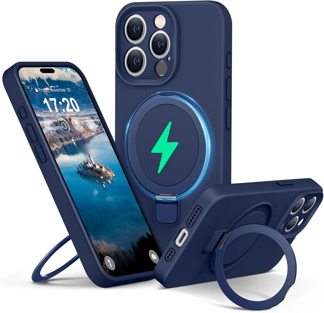 Liquid Silicone Case for iPhone 15 pro max with Magnetic Ring Stand, Upgraded Camera Lens Protection, Mil-Grade Drop Shockproof, Anti-Scratch Microfiber Lining Silicone Case (Blue)