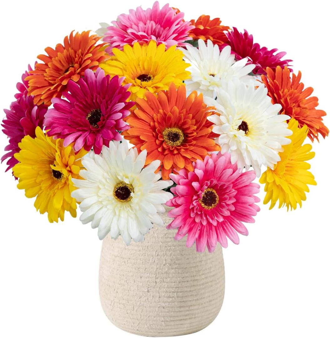 20 Pcs Fake Silk Gerbera Daisy Artificial Flowers with Stems Faux Daisies Flower Bulk for DIY Art Crafts Home Wedding Party Vase Centerpieces Tables Garland Wreath Decoration (Multi Color)